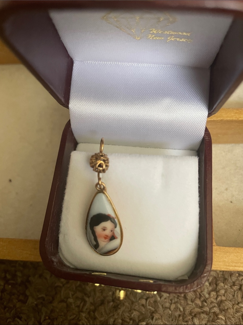Hand-Painted Portrait Teardrop Pendant - 14k Yellow Gold # G37